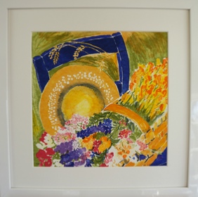 Inramad litografi "Hatt p bl stol" 43x43 cm (C)